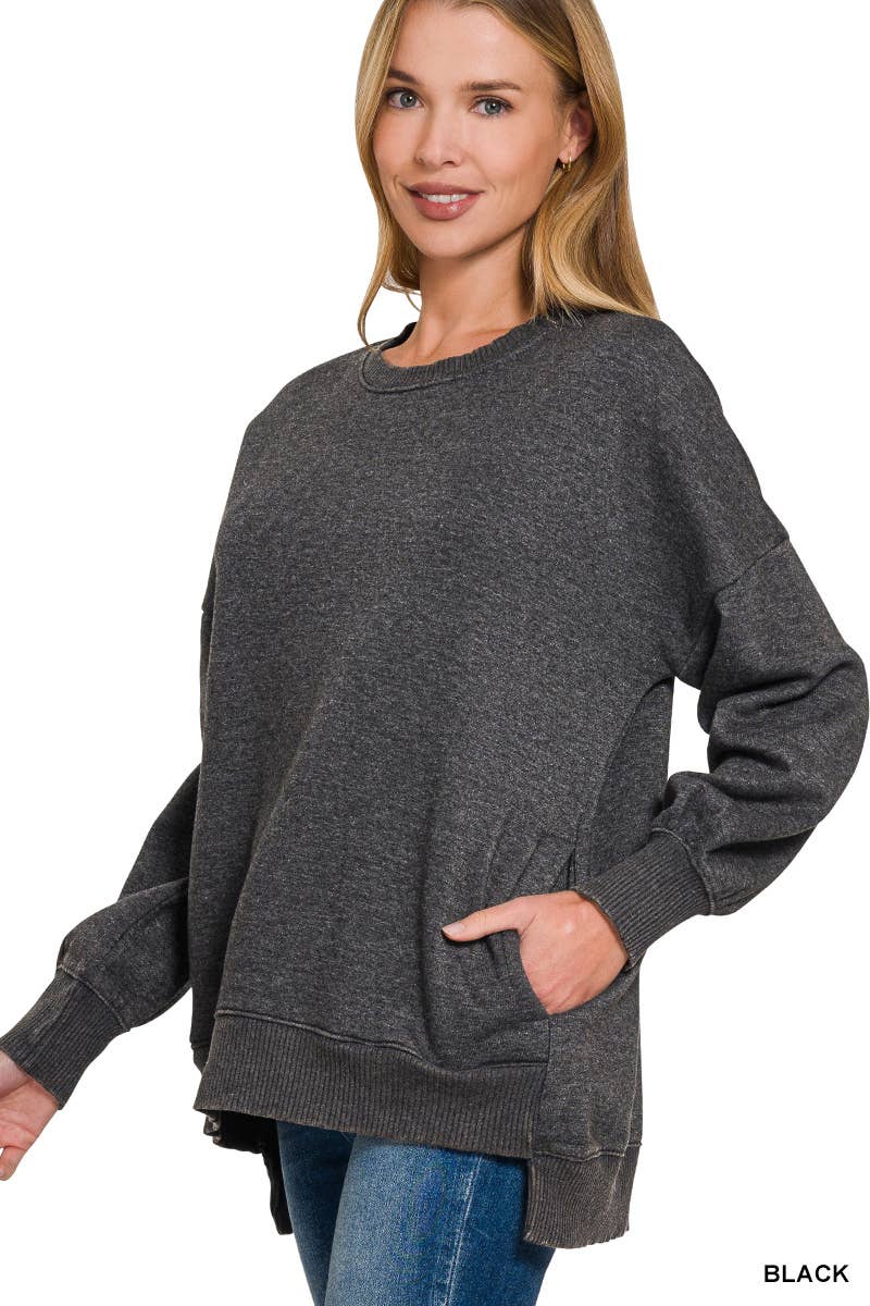 42POPS – Sweatshirt - Mulher por atacado – Pulôver de Fleece com Lavagem Ácida e Bainha Assimétrica com Bolsos SI-249803