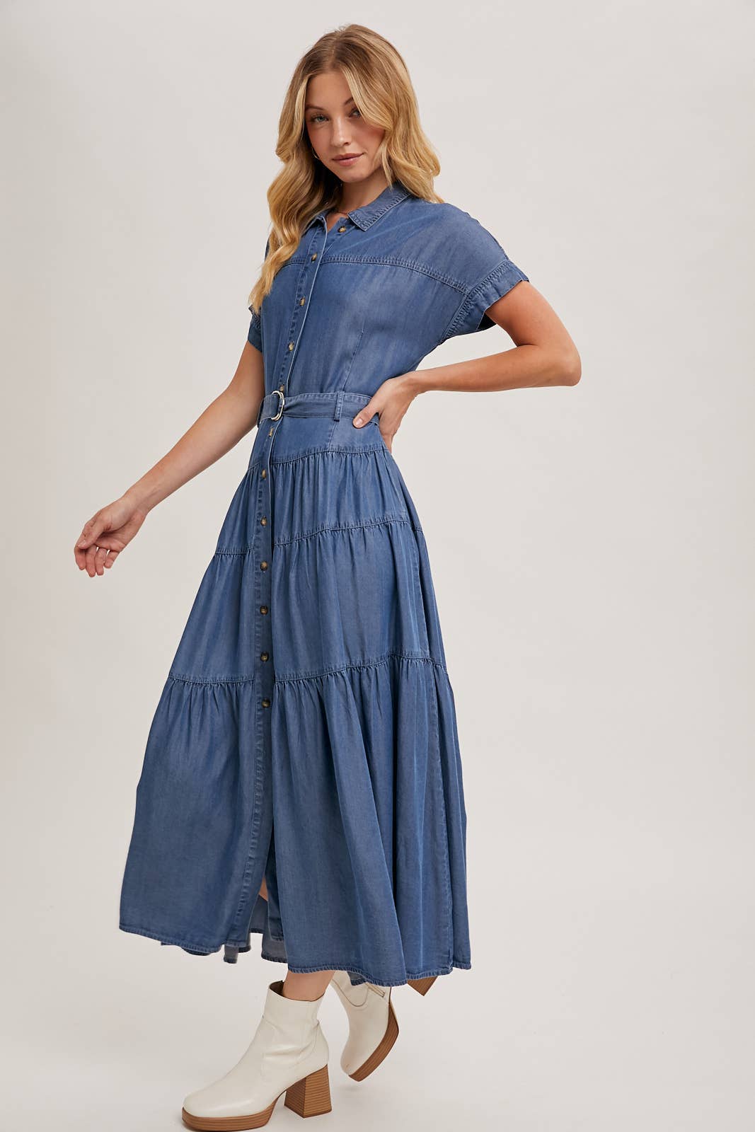 Bluivy - Wholesale Dress - Women's - BUTTON FRONT SHORT SLEEVED TIERED MAXI DENIM DRESS8