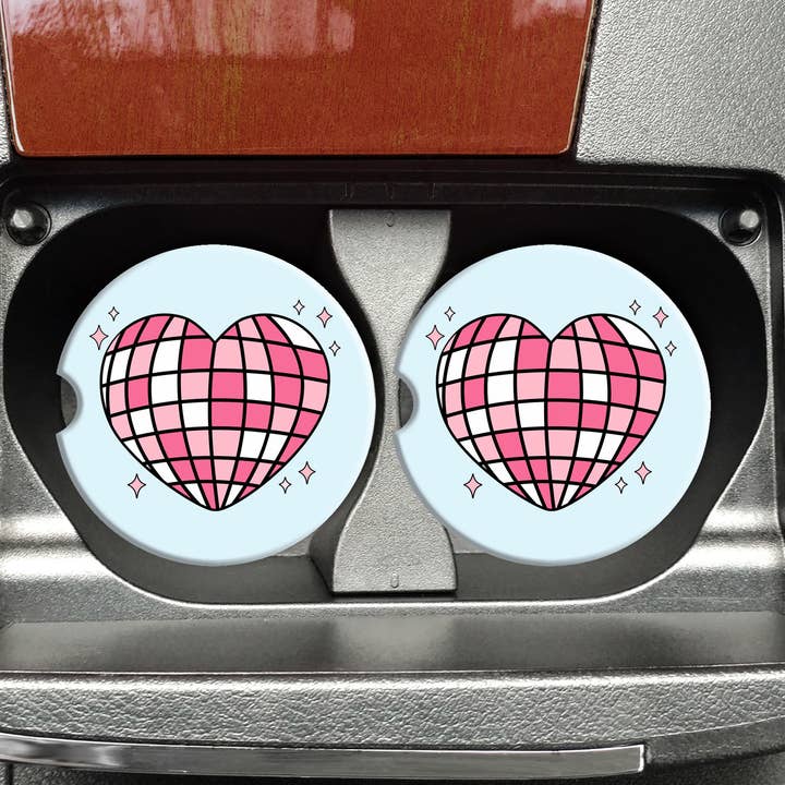 Disco Heart Car Coasters, Pink Heart Disco Car Coasters for wholesale by Mugsby