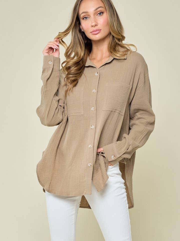 OVERSIZED GAUZE SHIRTING - 1353 TAUPE for wholesale by WISTERIA LANE