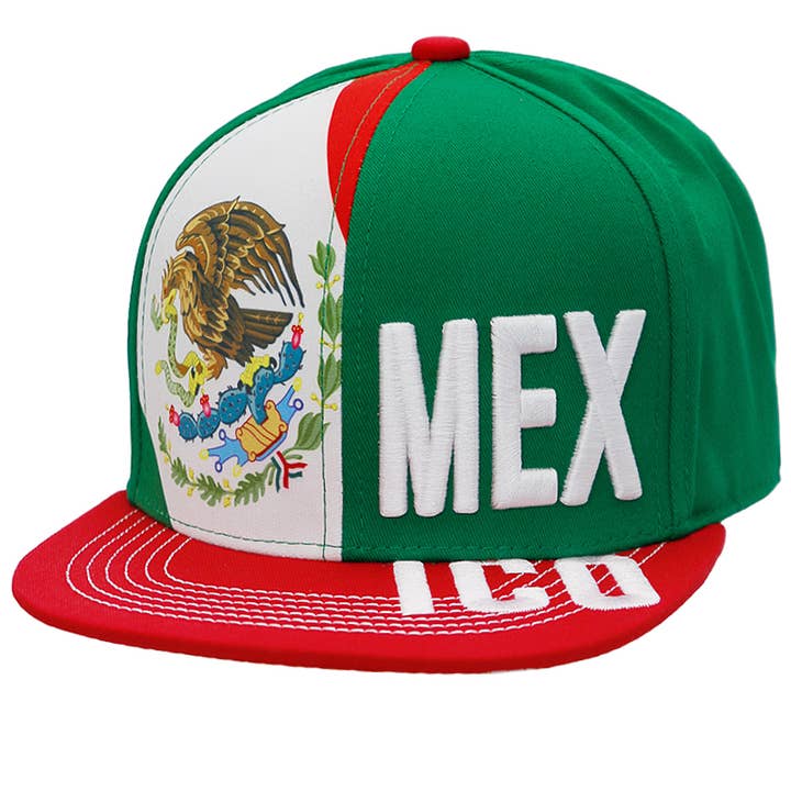 Cap Zone - Wholesale Flat Brim Cap - Unisex - Mexican Flag Coat of Arms Split Flat Bill Snapback