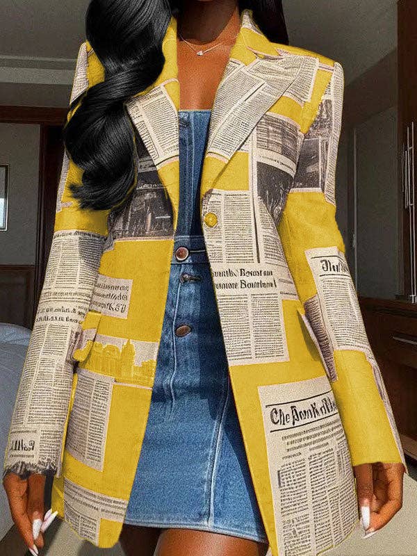 OceanusSwim – wholesale Blazer – Women's – Long Sleeves Loose Buttoned Newspaper Print Pockets Split-Joint Notched Collar Blazer Outerwear13