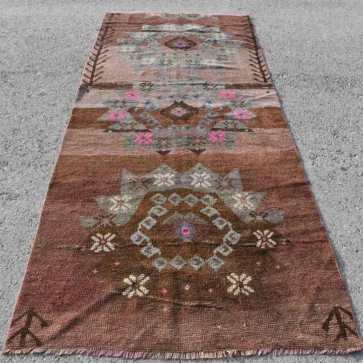 Handgefertigter brauner und blauer Kilim-Teppich, 3,8x8,7 ft großer Teppich für den Großhandel von Vintage Rugs Loom