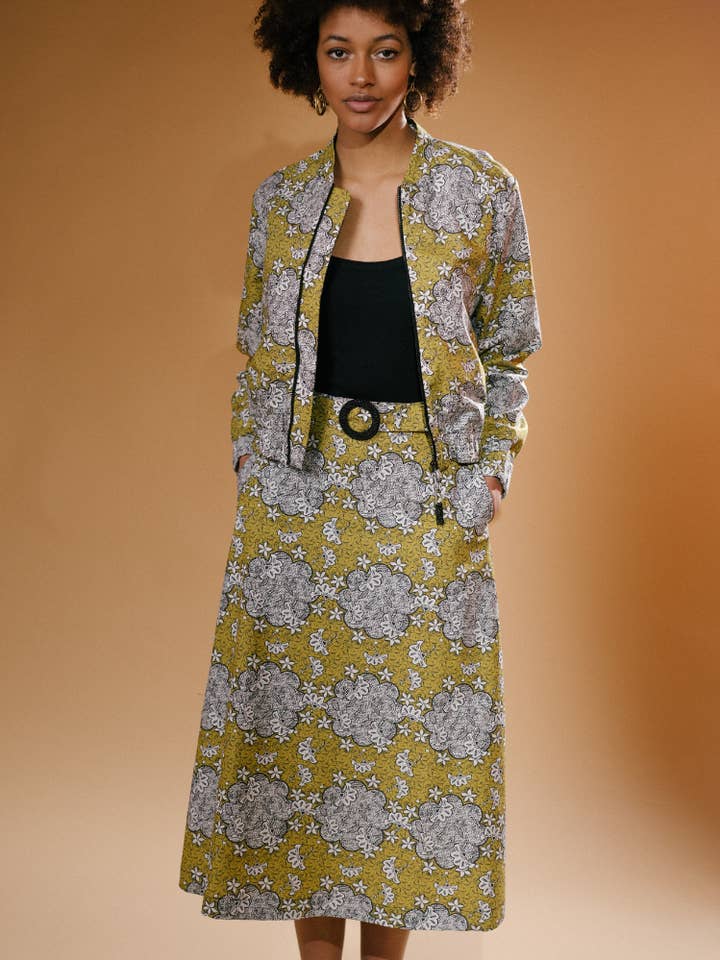 Kipipiri Printed Yellow Midi Skirt With Beaded Buckle for wholesale by IN OUR NAME