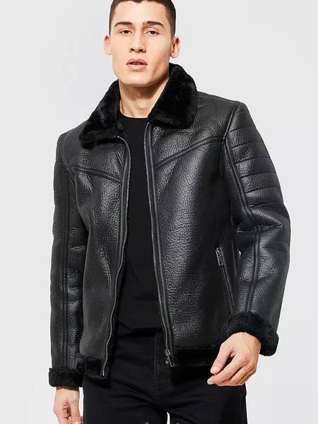 justyouroutfit – wholesale Motorcykeljacka - Herr – Svart Faux Mocka Aviator Jacka