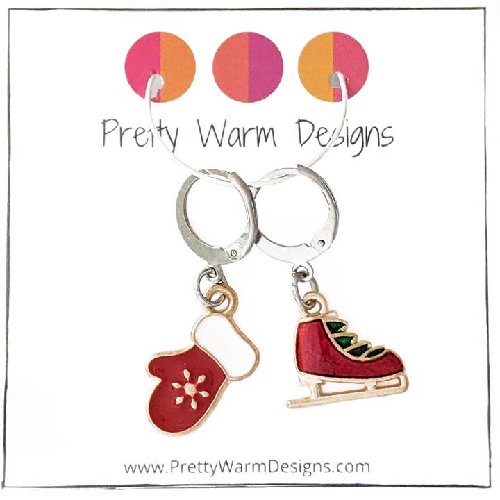 Skate + Mitten Winter Holiday Crochet Stitch Marker Duo for wholesale by Pretty Warm Designs