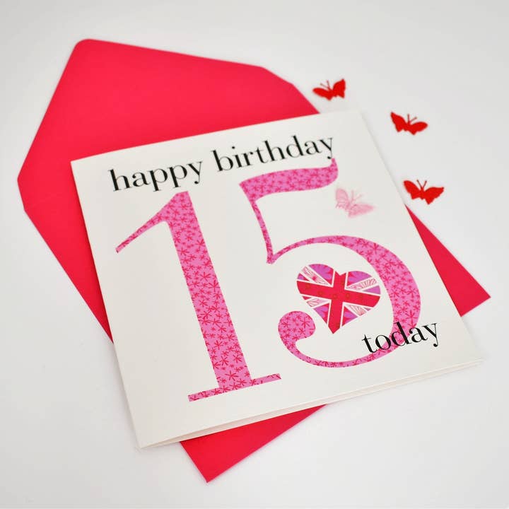 Claire Giles Ltd - Wholesale Birthday Card - Birthday Card, Age 15 Girl, Happy 15th Birthday, fabric butterfly embellished1