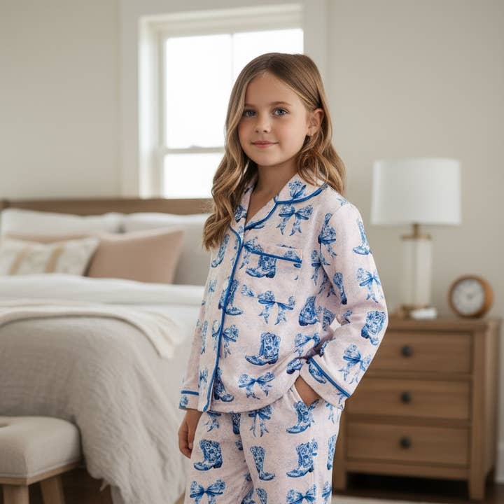Western coquette on blue tone pajamas set. PJG60011 SOL and other Purchase Wholesale loungewear list. Free Returns & Net 60 Terms on Faire trending on Faire.
