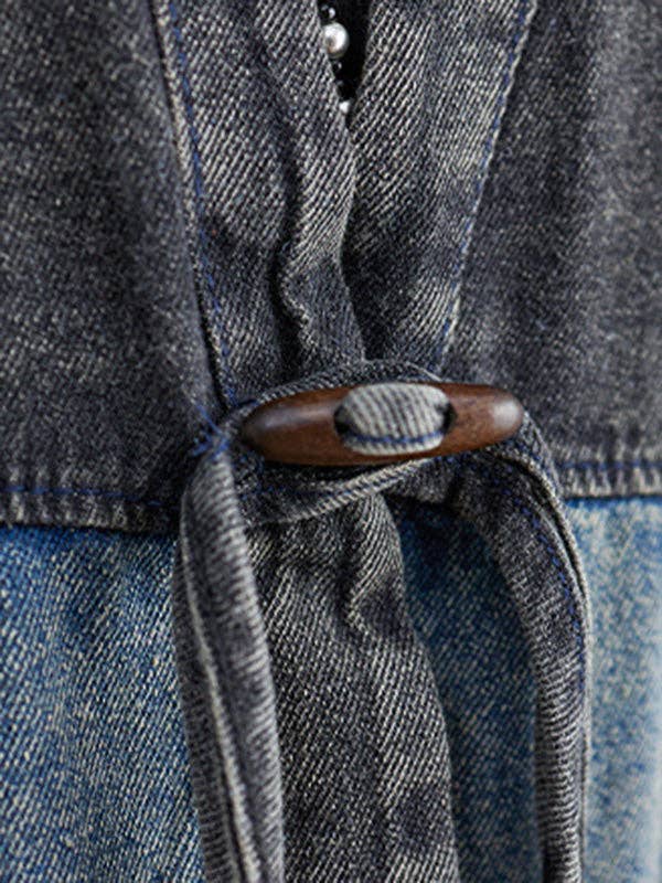 BLÅ Konstnärlig retro denim långa ärmar löst bundna split-joint trenchytterkläder för wholesale på Faire11