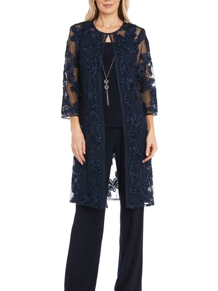 R&M Richards Round Neckline Sleeveless Top Floral Embroidered Three-Quarter Sleeves Jacket Relaxed Formal Pants Suit Dress (Plus Size) for wholesale by Immediate Apparel