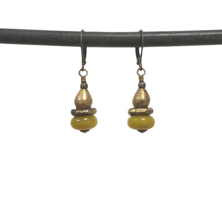 African Brass Drop Earrings - Olive Jade for wholesale by TOODLEBUNNY