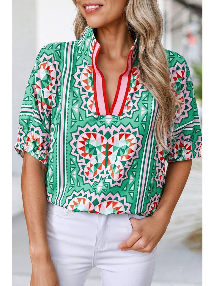 As shown Geometric Butterfly Print Collared Blouse | S-XL for wholesale on Faire