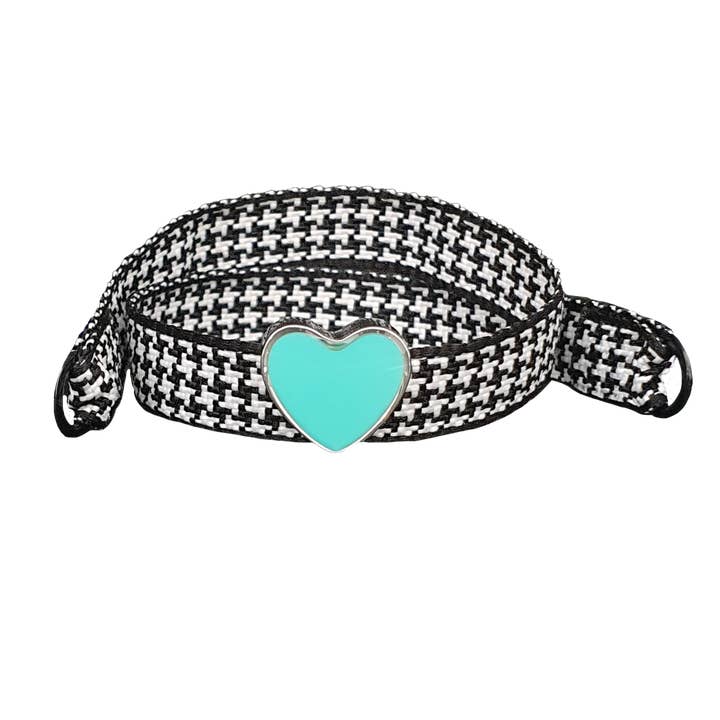 BRACELET PIED-DE-POULE CŒUR EN ÉMAIL AQUA SUR PALLADIUM pour la vente par Smartever Srl