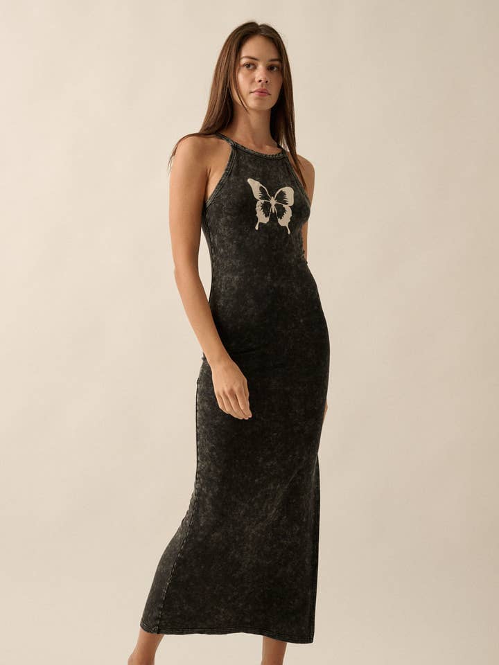 Vestido largo sin mangas vintage con estampado de mariposas lavadas para venta al por mayor de Promesa USA