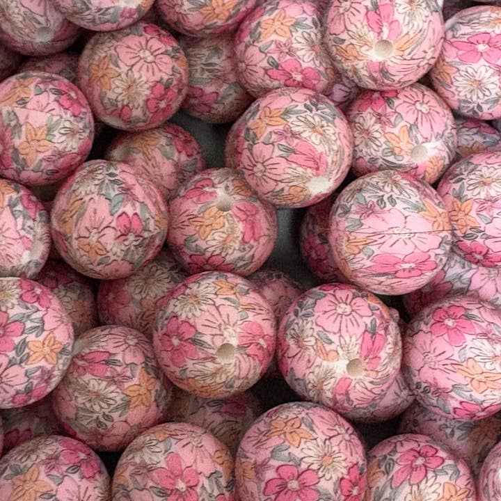 ASAP Craft Supplies - Wholesale Beads - Pink Flower Print Silicone Beads - 15mm 10Ct1
