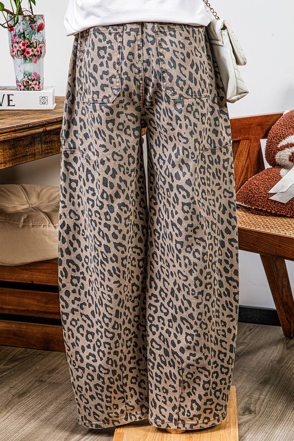 As shown Fashion-W Leopard Drawstring Waist Pocketed Wide Leg Jeans for wholesale on Faire3