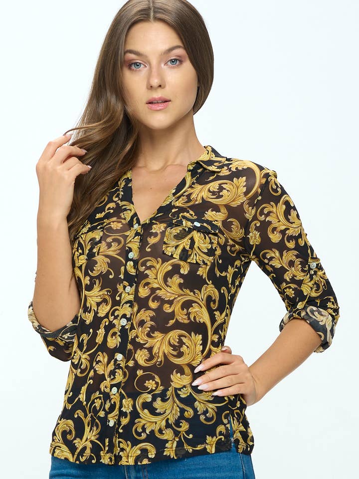 Blusa stampata a rete per la vendita all'ingrosso da parte di DNA Couture