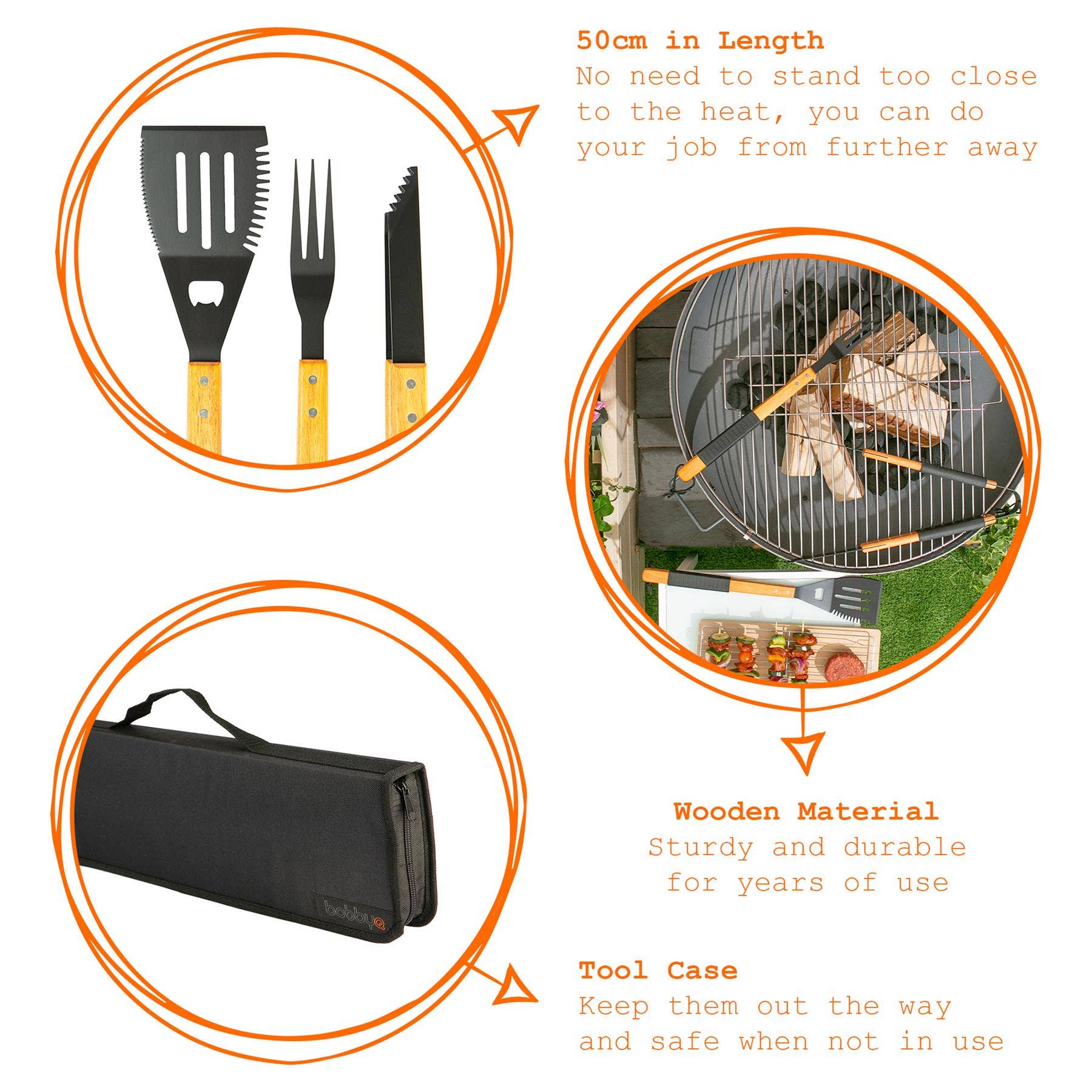 Rinkit Ltd - Wholesale Outdoor Grill Tools - 3pc Wooden BBQ Tool Set - By BobbyQ5