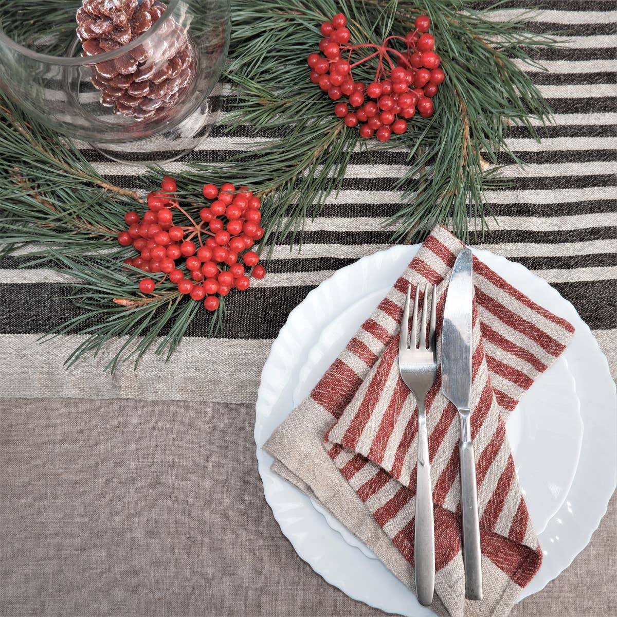 NorraVilla – Guardanapo e pano de jantar por atacado – Natur Vinho Tinto Guardanapos de Linho às Riscas Placemat Provance5