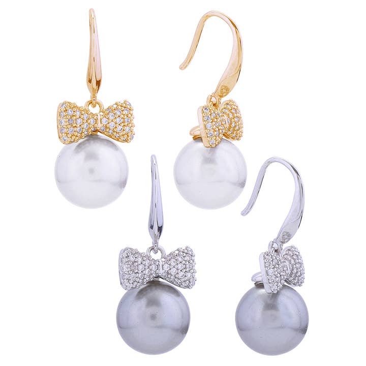 14K Dipped CZ Pave Bow Pearl Hook Earrings for wholesale by Fashion City