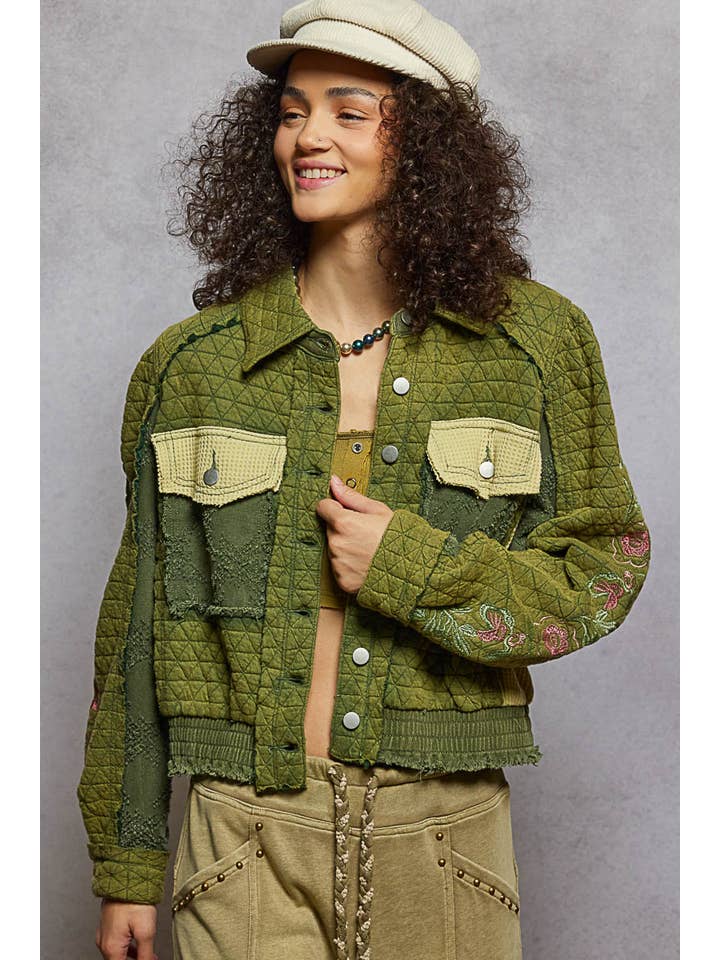 Pol Clothing - Wholesale Jacket - Women's - Vintage washed embroidered sleeve quilted jacket1