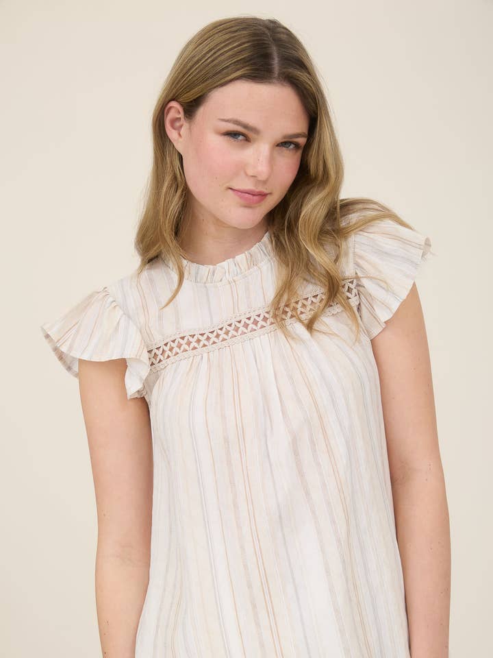 MULTICOLOR STRIPE LACE TRIM RUFFLE SLEEVE TOP for wholesale by Blu Pepper