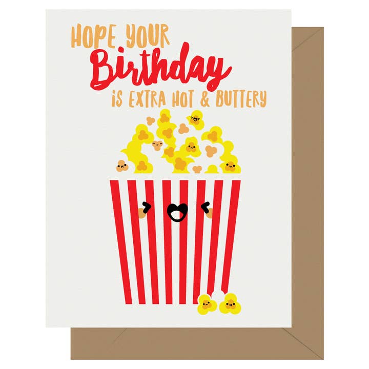 Cutie Kawaii Buttery Popcorn Letterpress Birthday Card for wholesale by Letterpress Jess