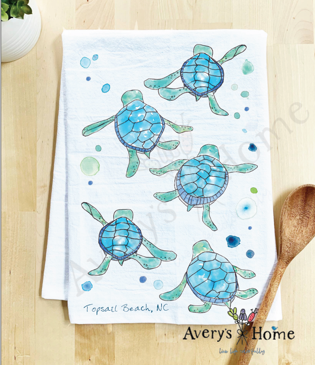 Avery's Home - Vente Torchons - Serviette de cuisine personnalisable avec adorables bébés tortues marchant sur la côte51