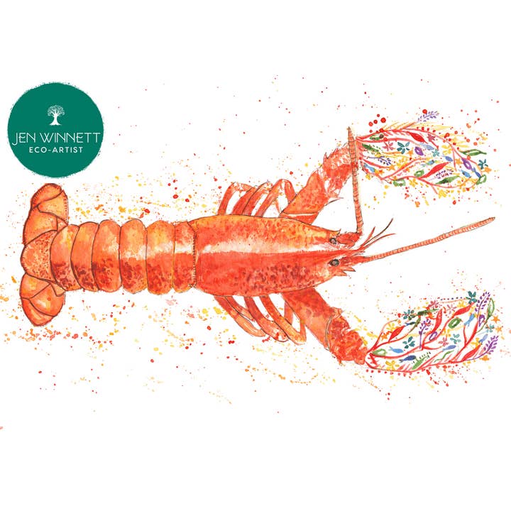 Stampa artistica ad acquerello autografata da Larry the Lobster per la vendita all'ingrosso da parte di Jen Winnett Eco Artist