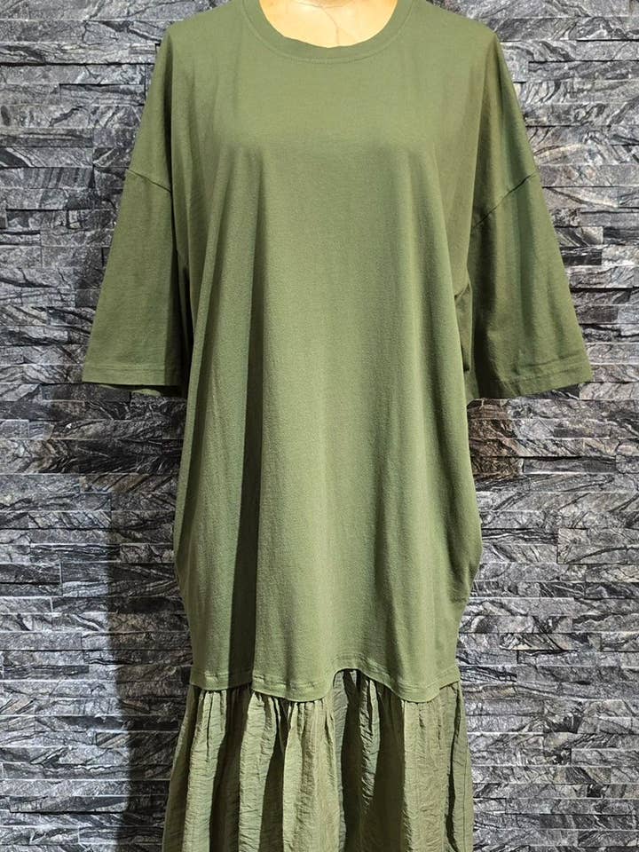 Long bi-material t-shirt dress with two side pockets 3303 for wholesale by Adilynn DAYMENTEX