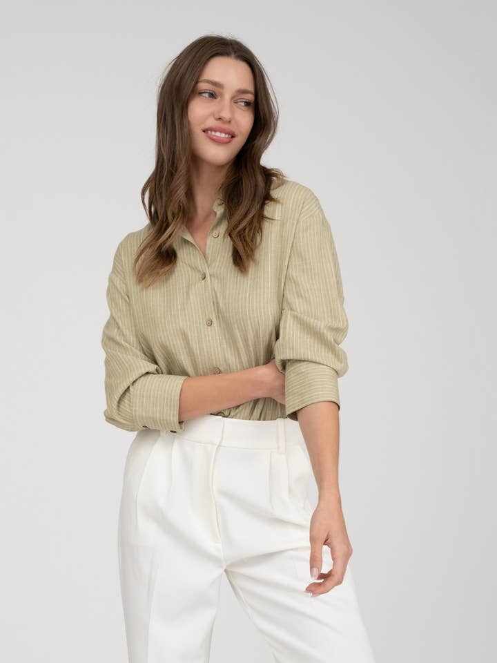 OLIVE STRIPE COLLARED BUTTON DOWN TAB SLEEVE SHIRT for wholesale on Faire
