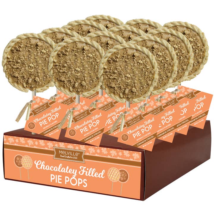 Cinnamon Streusel Chocolate Pie Pops for wholesale by Melville Candy Company