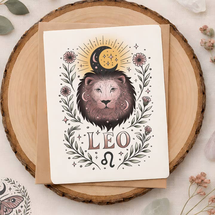 Leo Zodiac Greeting Card – Celestial Sun + Moon Lion Illustration – Boho Astrology Art by Kindred Soul & Sage for wholesale by Doroh's Kindred Soul and Sage