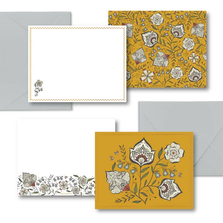 Set de Papelería de Lujo Floral Amarillo Ocre – 8 Tarjetas Planas para venta al por mayor de Amicreative