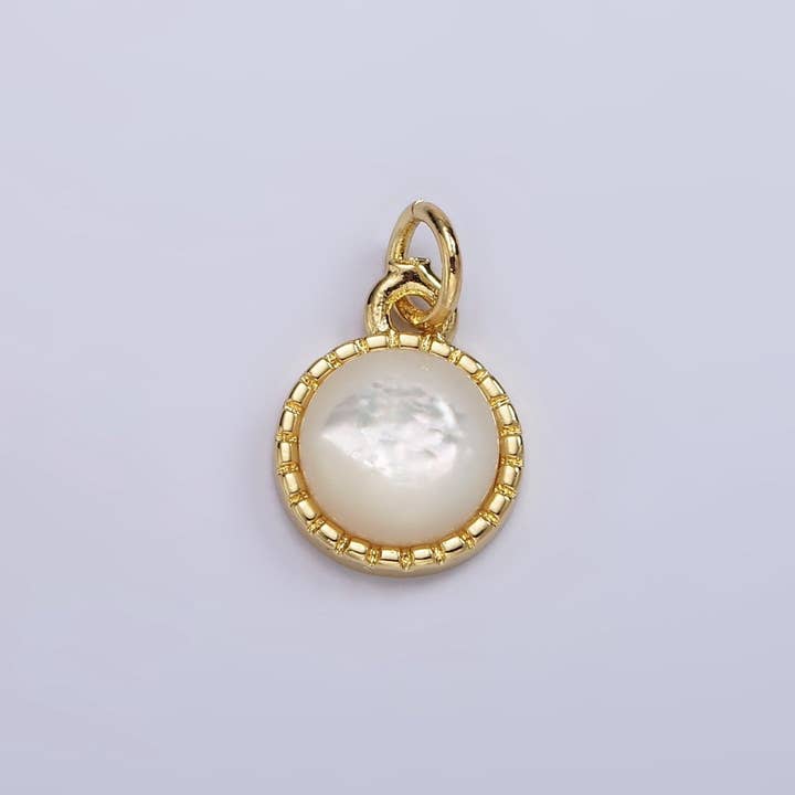 14K Gold Filled Shell Pearl Dotted Bezel Round Charm | AG543 for wholesale by Aim Eternal