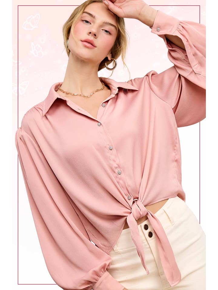 La Miel - Wholesale Button Down Shirt - Women's - SRT7806-Flowy Button Down Balloon Sleeve Tie-Front Shirt18