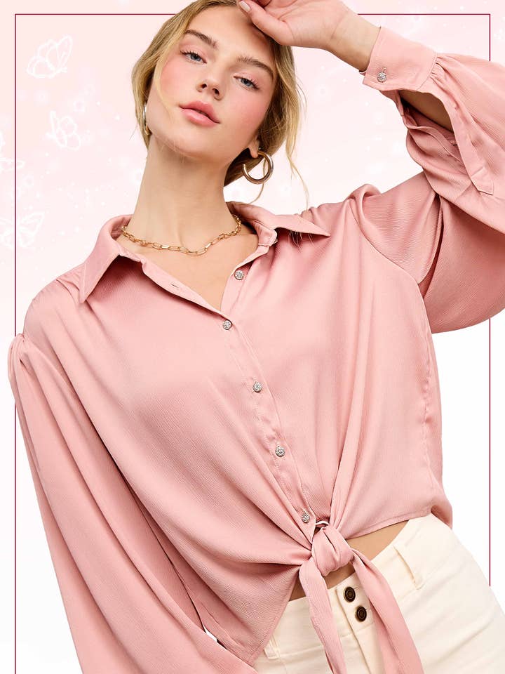 La Miel – wholesale Tröja med knappar – Dam – SRT7806-Flowy Button Down Ballongärmad skjorta med knytband