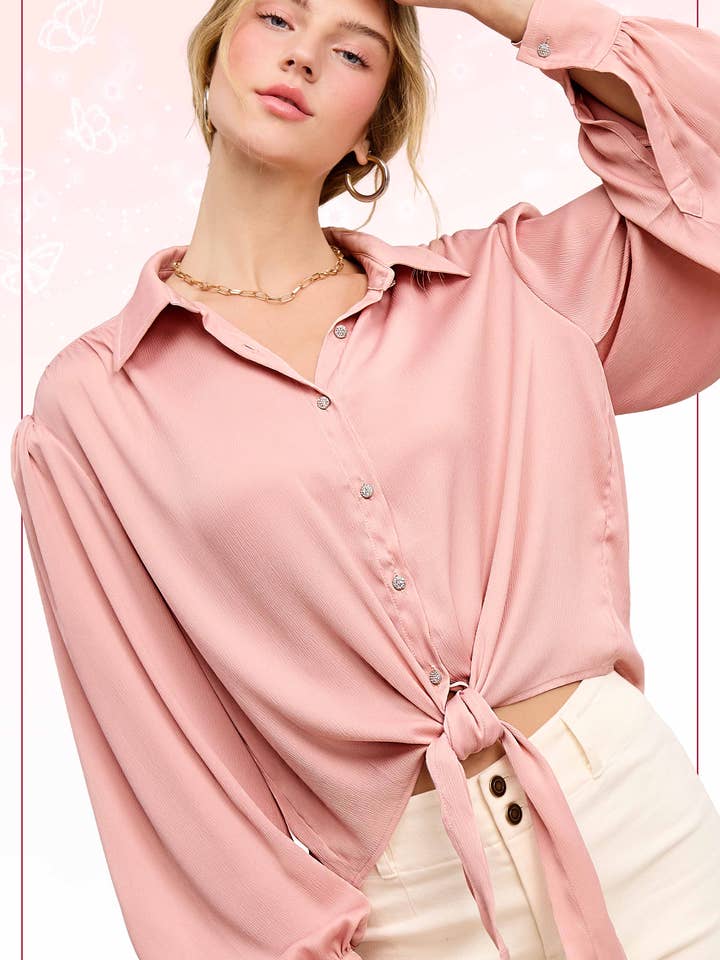 SRT7806-Camicia Flowy Button Down con maniche a palloncino e cravatta sul davanti per la vendita all'ingrosso da parte di La Miel