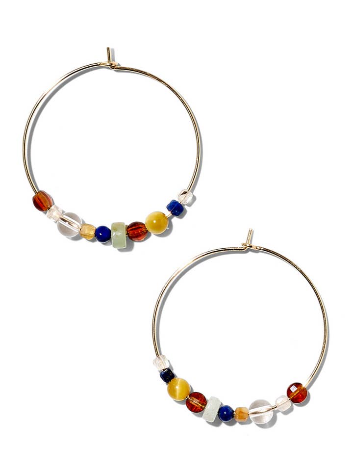 Créoles LOUISE, remplies d'or 14 carats, pierres précieuses diverses pour la vente par NOUVEL ÉTÉ