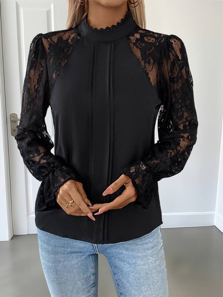 Black Lace-Sleeve Pintuck Mock-Neck Top for wholesale on Faire2
