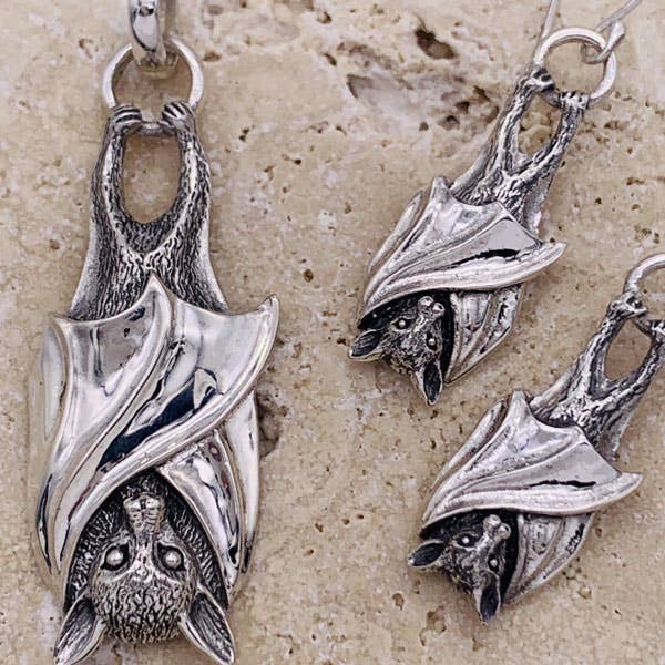 Sterling Silver Hanging Bat Pendant, Large for wholesale by Goddess Design Studio