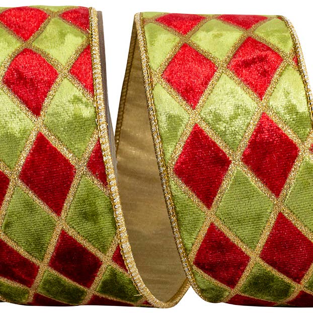 Ruban à dos Dupioni métallique en velours diamanté, écarlet/mousse pour la vente par RELIANT RIBBON