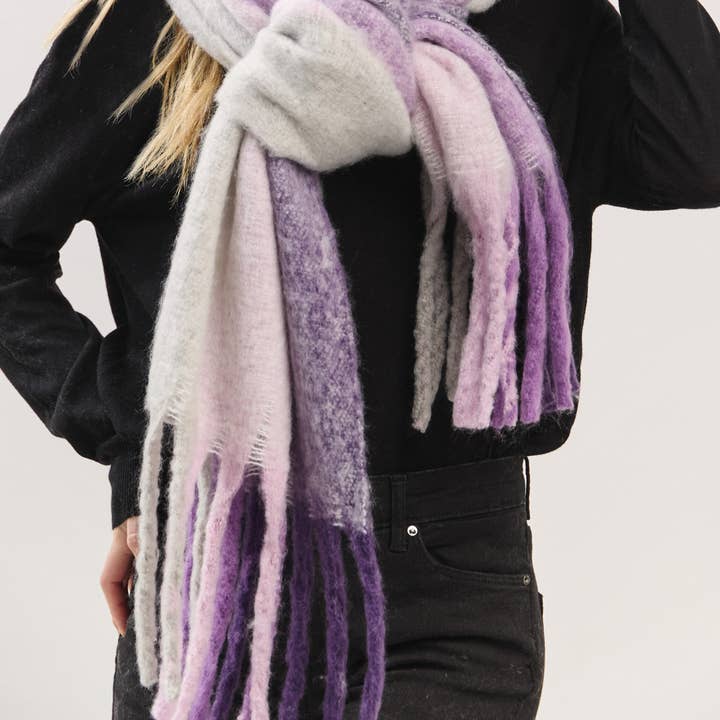 Hana - Wholesale Scarf - Women's - Solid Brushed Color Stripe Block Fringe Scarf19