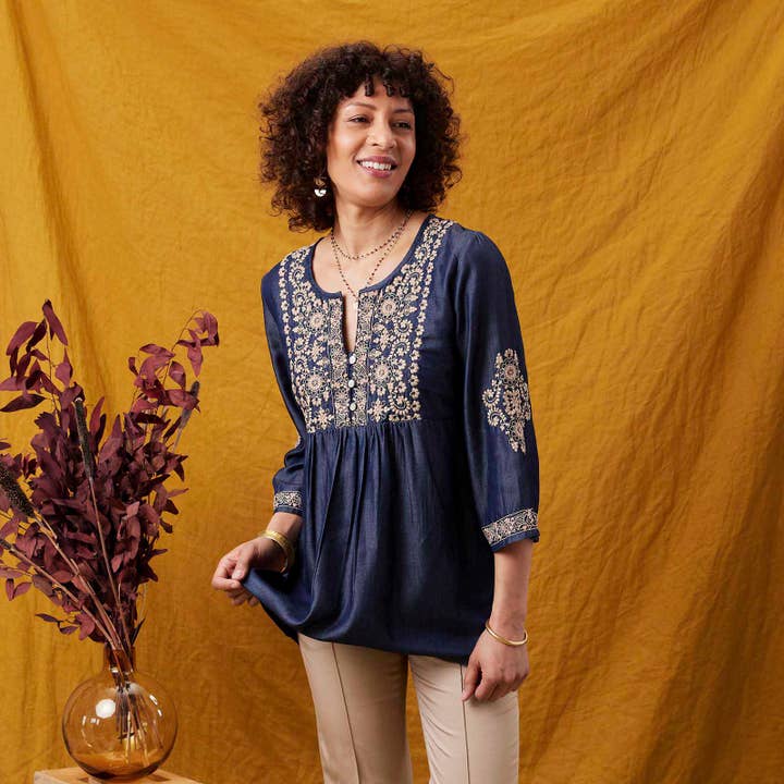 rockflowerpaper - Wholesale Tunic - Women's - DENIM TENCEL Tunic with Tan Embroidery