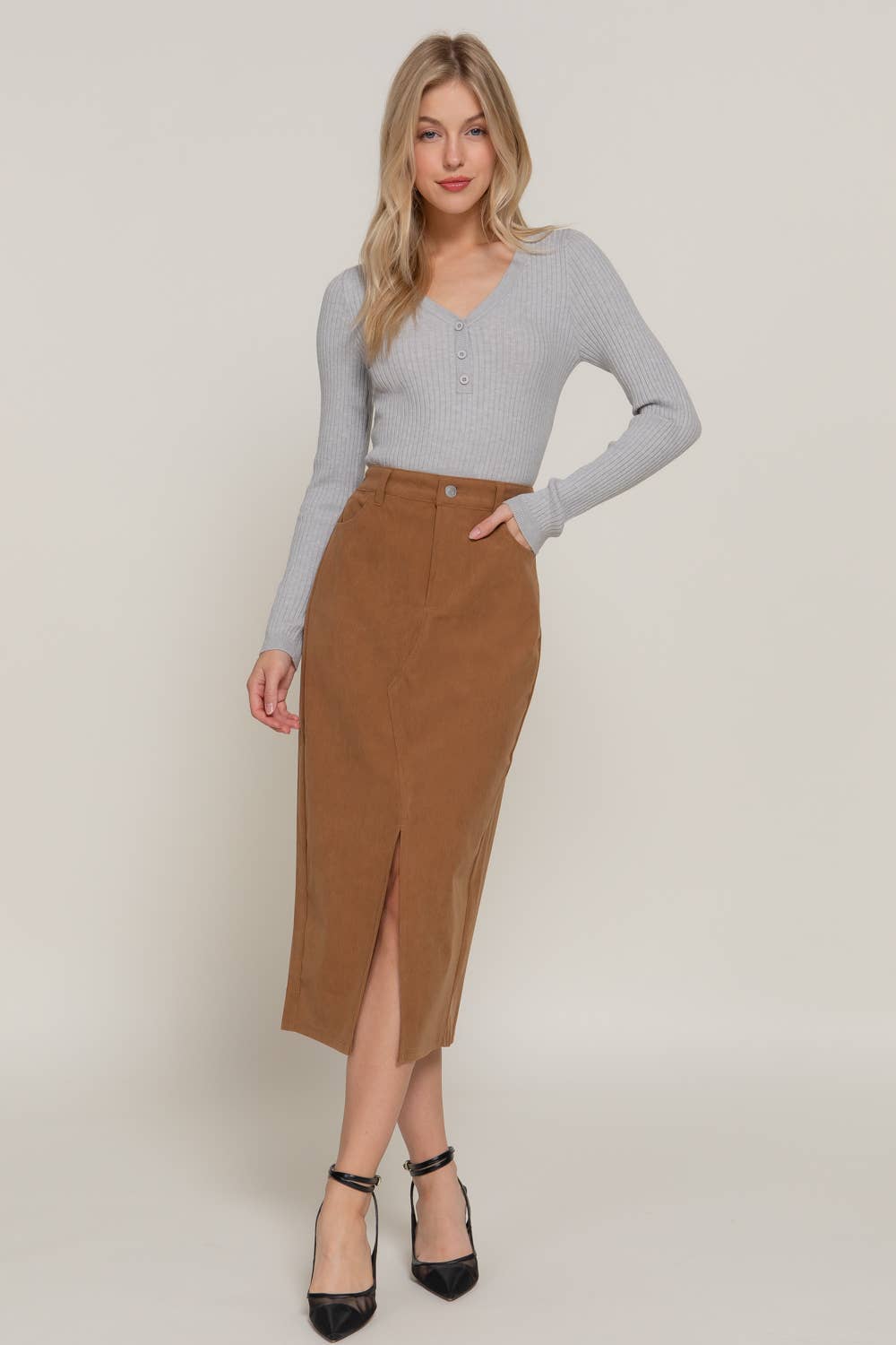Active Basic | Active USA - Wholesale Skirt - Women's - Waist Band Front Open Slit Corduroy Midi Skirt7