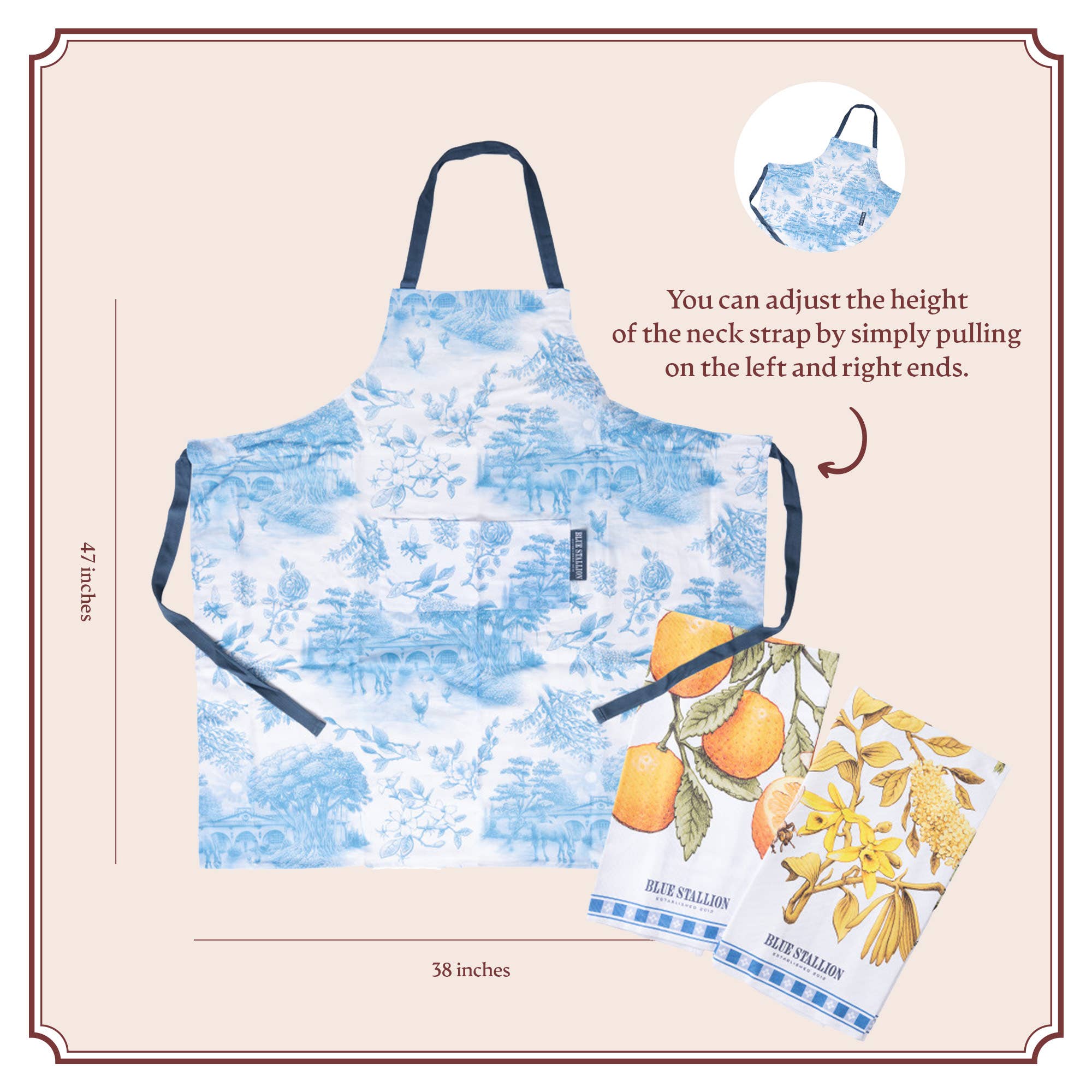 Blue Stallion Farm - Wholesale Apron - BLUE FARM TOIL APRON & 2X TEA TOWELS SET4