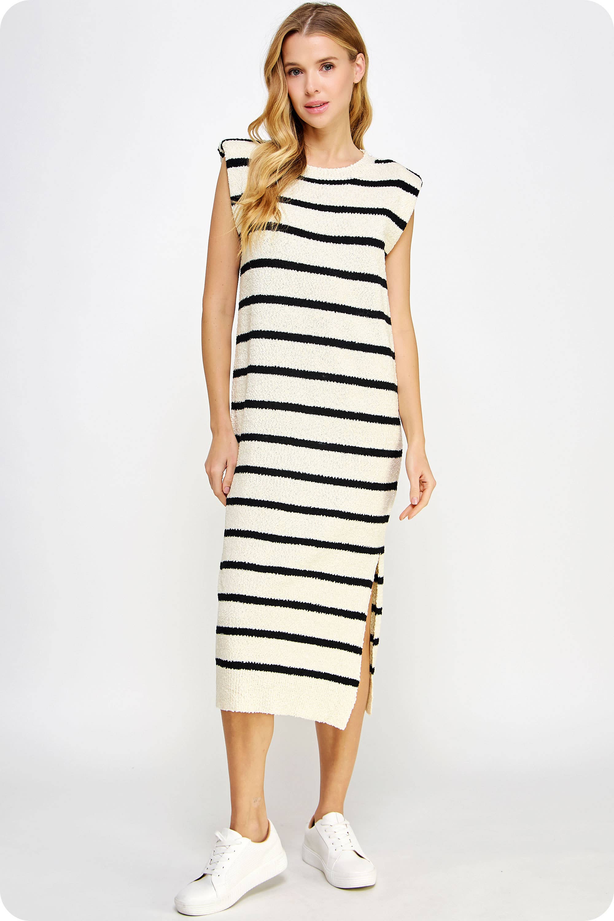 Strut & Bolt - Wholesale Dress - Women's - Shoulder Pad Sleeveless Textured Striped Knit Dress9