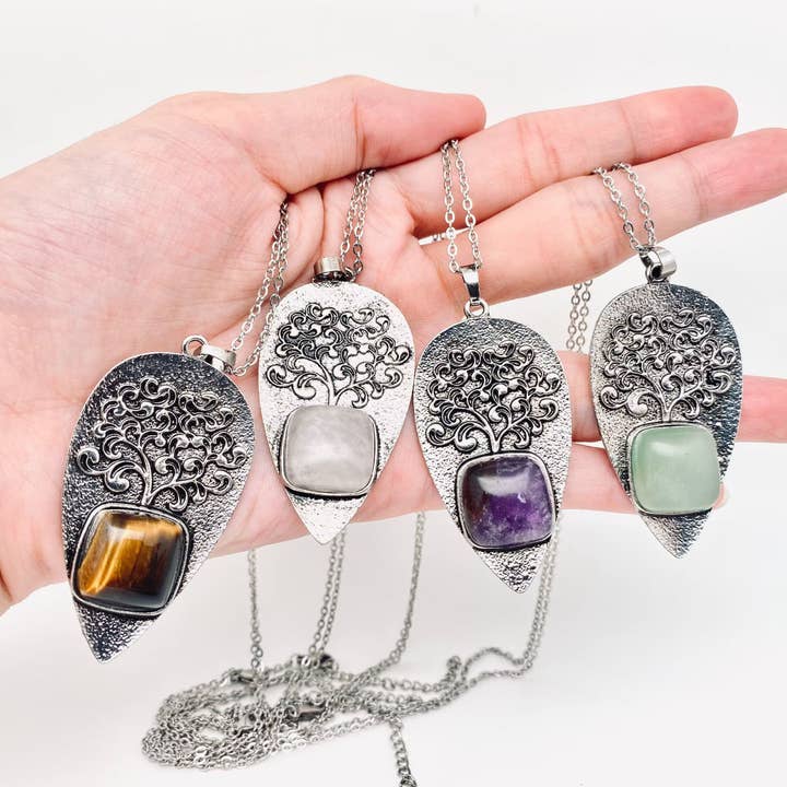 "Tree of Life" Drop-shaped Pendant Inlaid Stones Necklace-CS for wholesale by Mio Queena