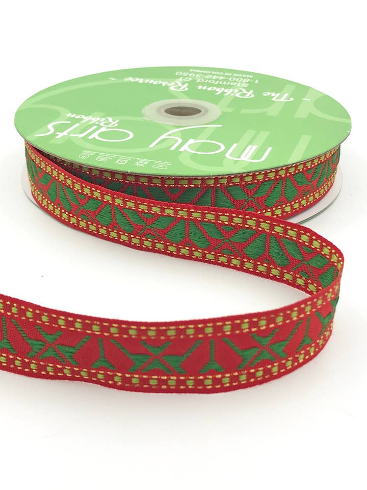 1" Red & Green Holiday Embroidered Geo Print Ribbon for wholesale by May Arts Ribbon