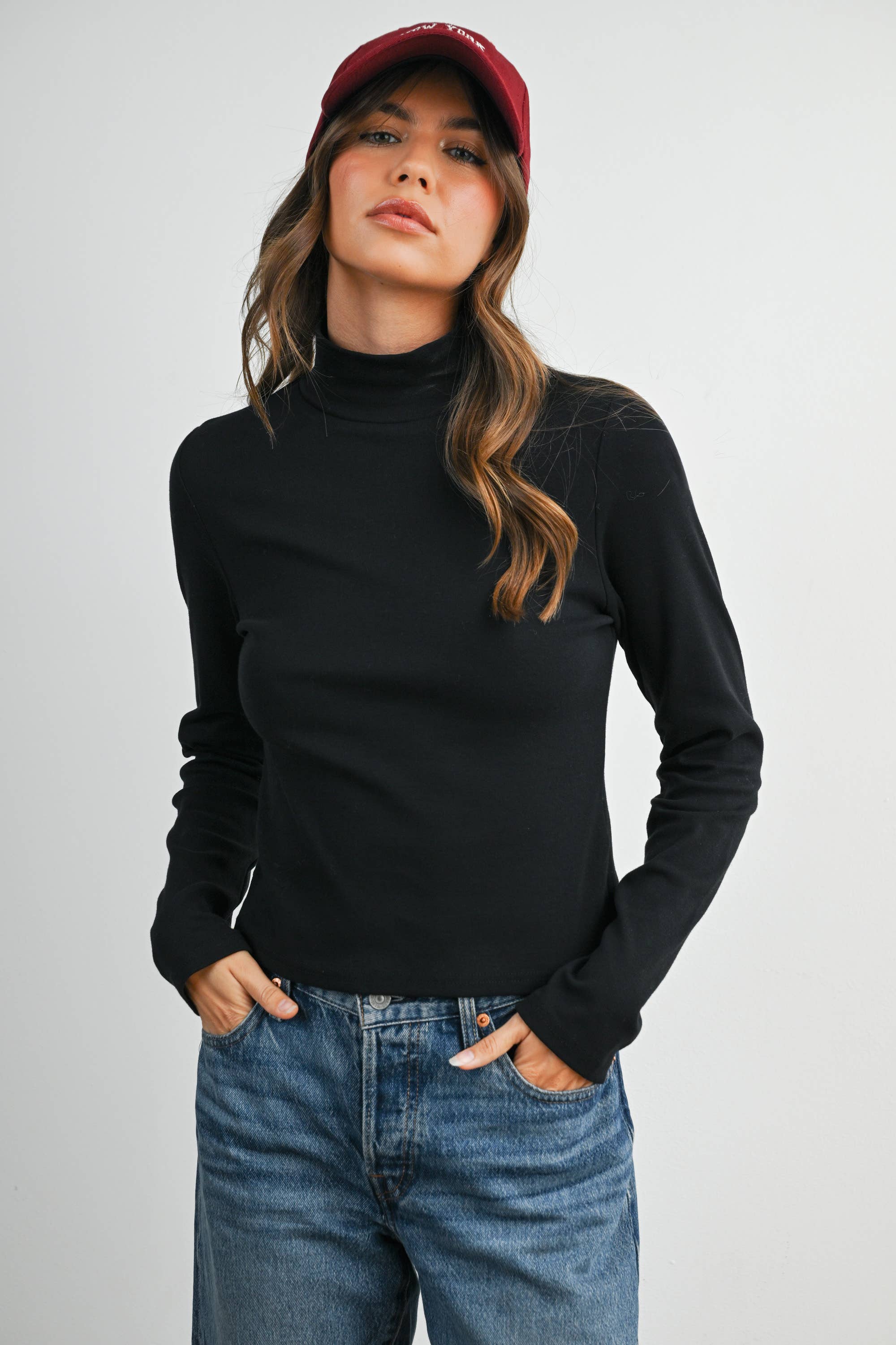 BUTTERMELON – Camisa - Mulher por atacado – Camisola de Gola Alta Justa Sólida Sem Costuras de Manga Comprida - BMT79172